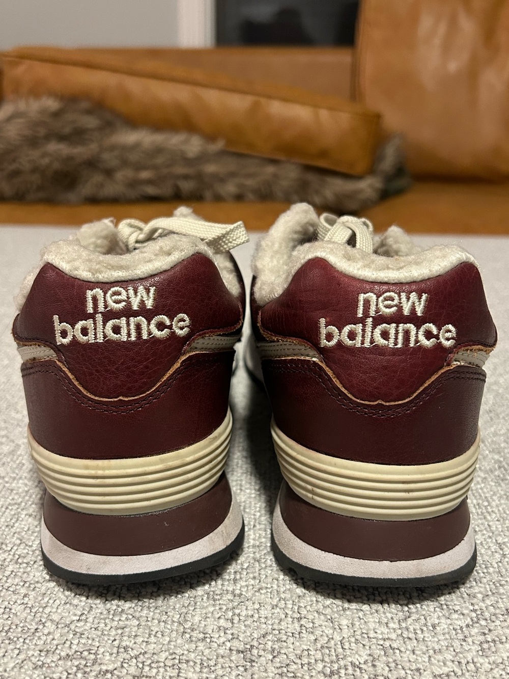 New Balance 574 Brown Burgundy Cream Leather Sneakers with Sherpa - M9 w10.5 - Picture 4 of 8